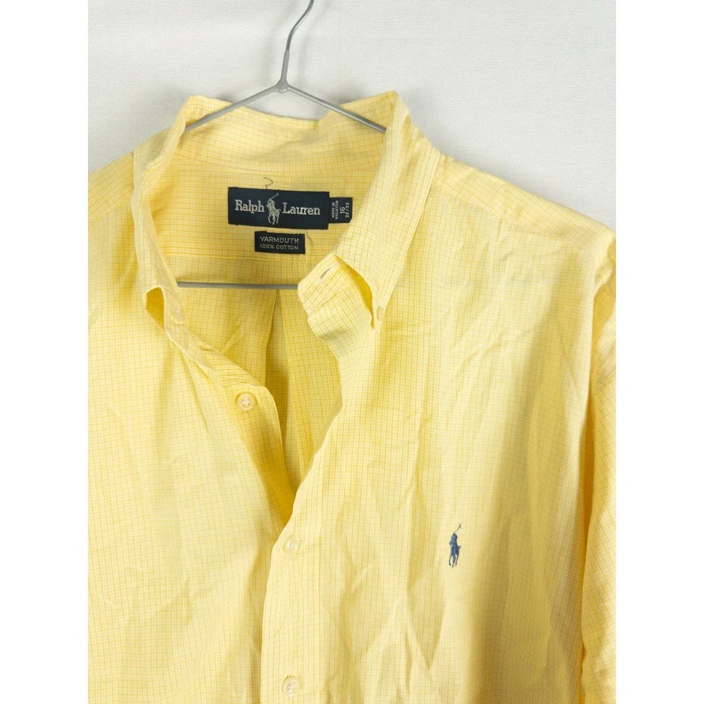Ralph Lauren Yarmouth Button Down Shirt Mens 16 32/33 Yellow Checkered Preppy Ol